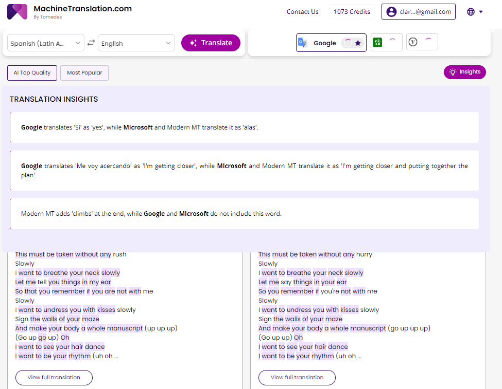 Translation Insights Feature of machinetranslation.com=